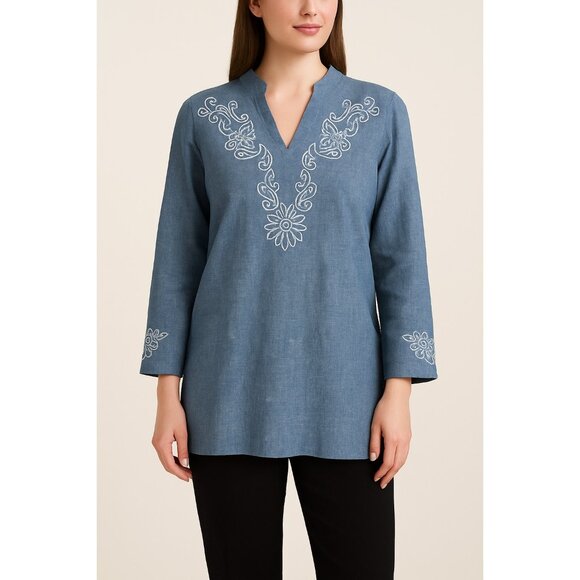 Orvis Women’s Size M Blue Linen-Blend Embroidered Tunic Top - Picture 7 of 7